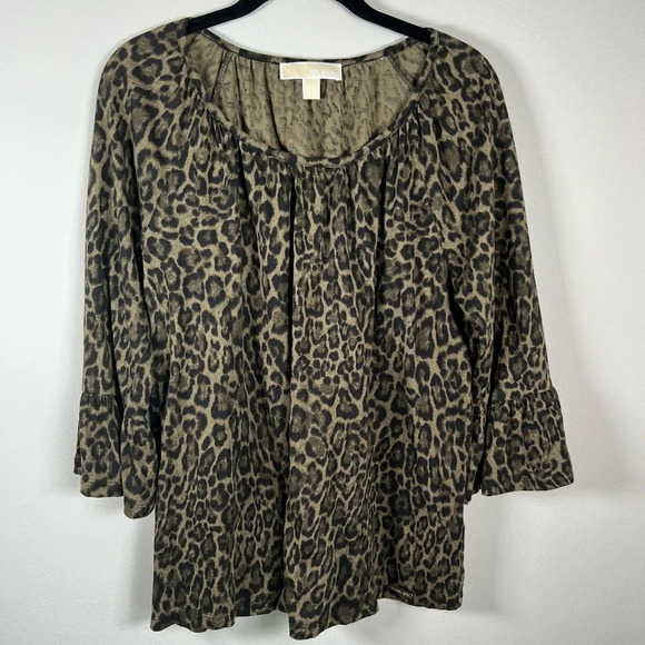 Michael Kors Women's Leopard Print Blouse Tan Black Peasant Mob Wife Flowy Large - Picture 1 of 13